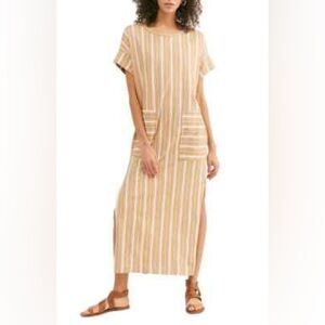 FP Beach Striped Maxi Dress L 100% Cotton Mustard Boho Pockets